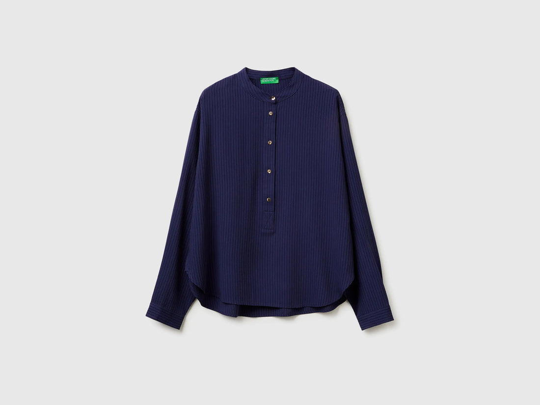 Benetton Dark Blue Women Striped Blouse with Mandarin Collar SKU: 5X0VDQ0DD_852 Image 01