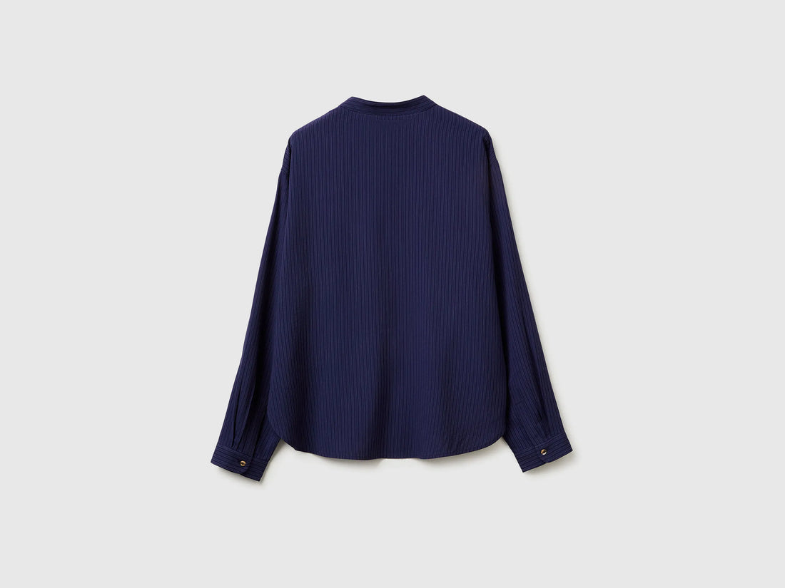 Benetton Dark Blue Women Striped Blouse with Mandarin Collar SKU: 5X0VDQ0DD_852 Image 02