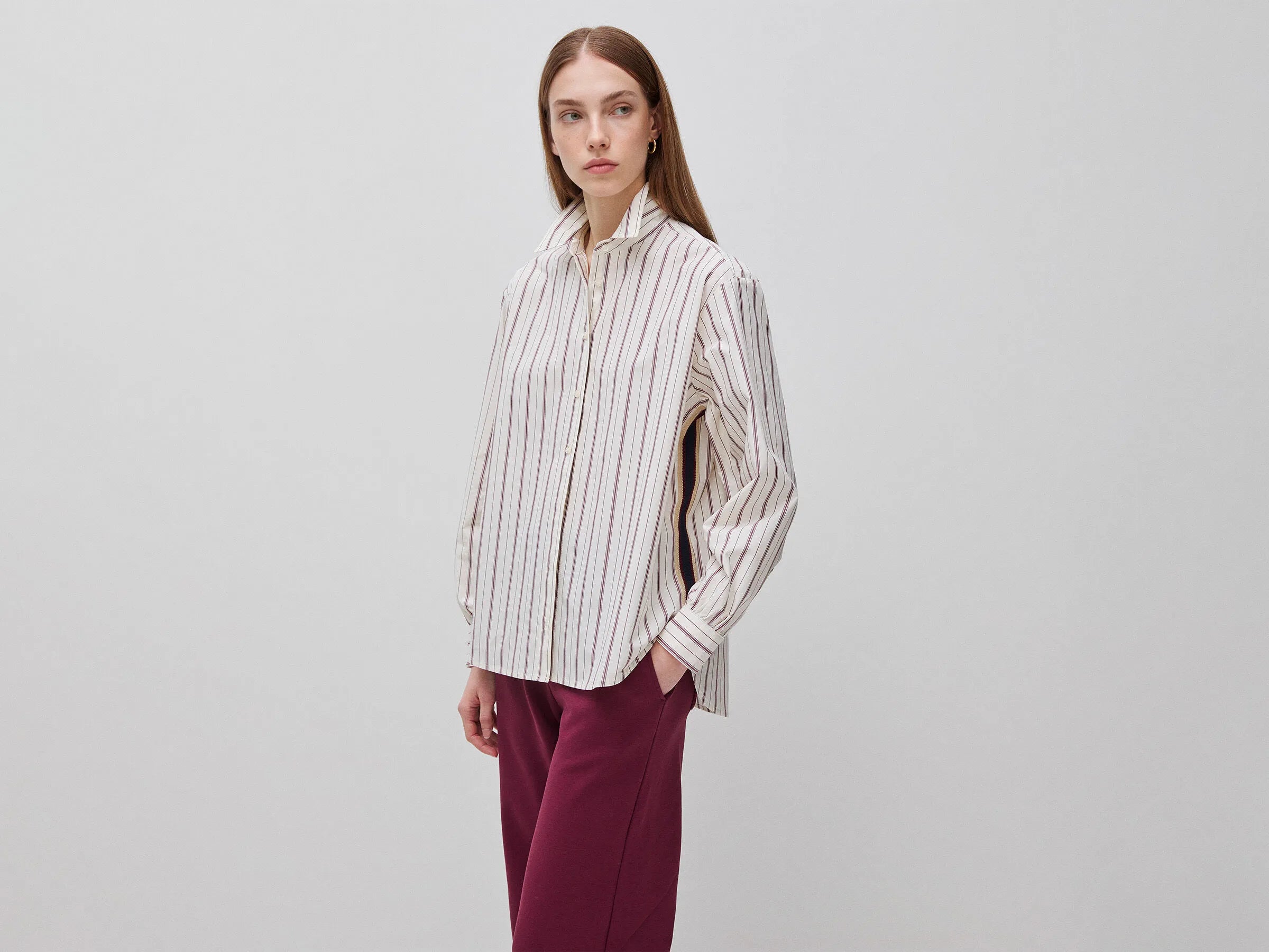 Benetton Creamy White Women Striped Shirt with Side Band SKU: 5X20DQ0DJ_901 Image 01