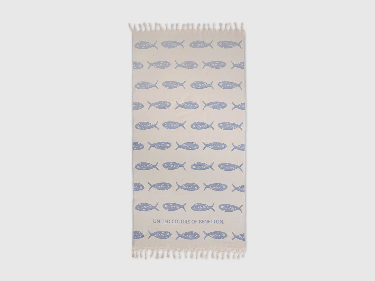 Benetton Creamy white Men, Women Jacquard Beach Towel with Blue Fish SKU: 6NYCV800Q_901 Image 01
