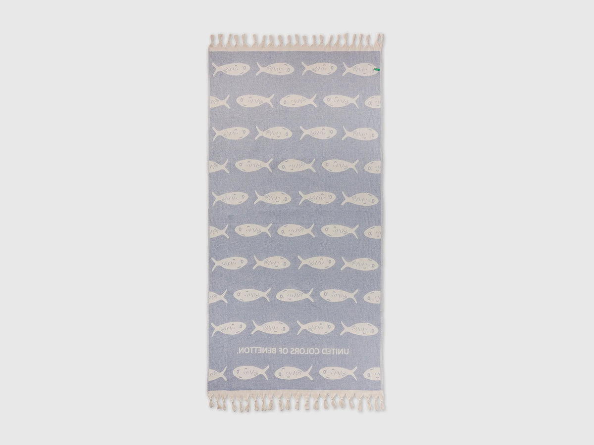 Benetton Creamy white Men, Women Jacquard Beach Towel with Blue Fish SKU: 6NYCV800Q_901 Image 02