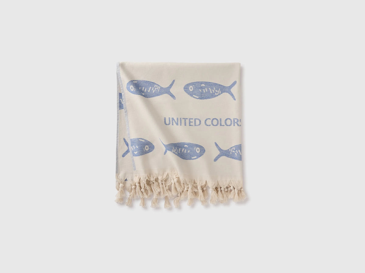 Benetton Creamy white Men, Women Jacquard Beach Towel with Blue Fish SKU: 6NYCV800Q_901 Image 03