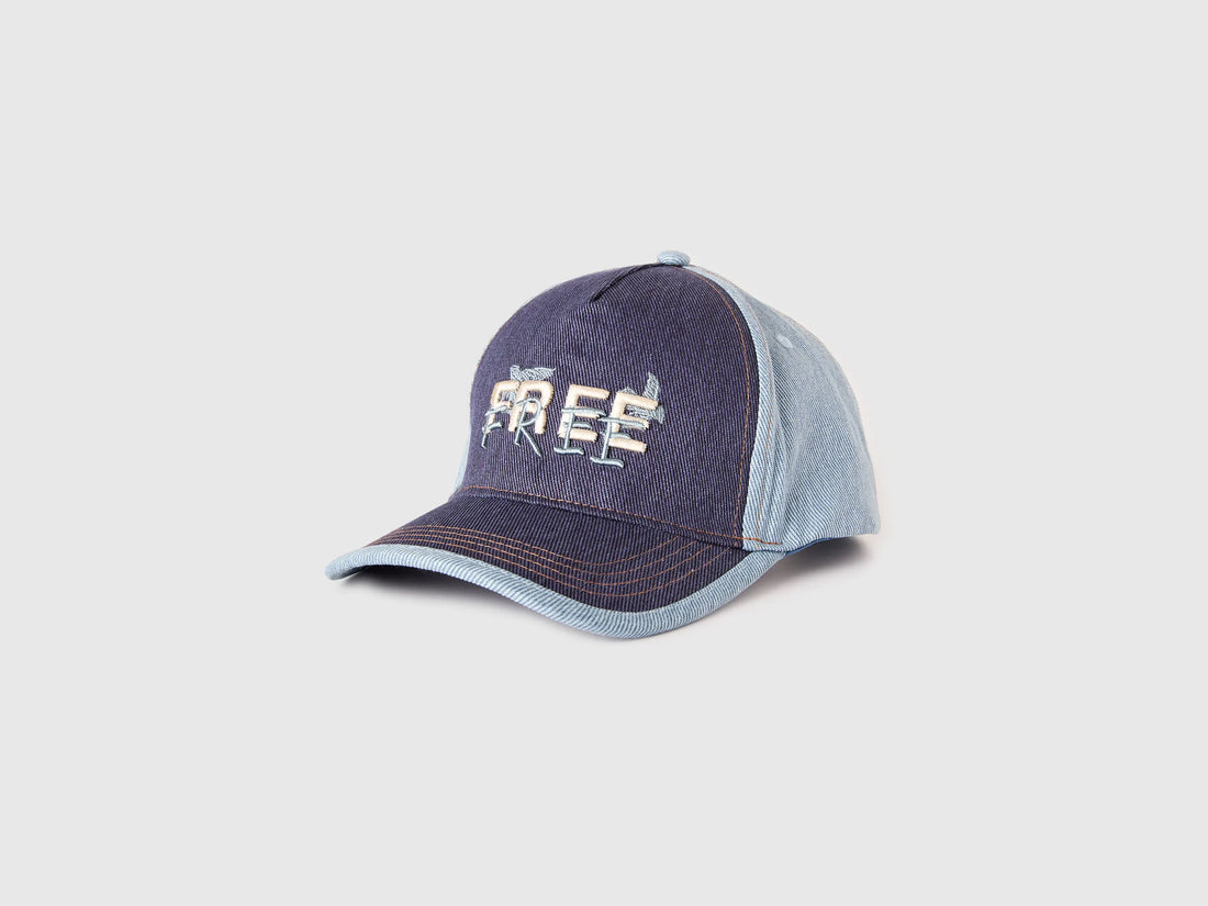 Benetton Blue Boys Denim Baseball Cap with Slogan SKU: 6QJ5RA008_901 Image 01