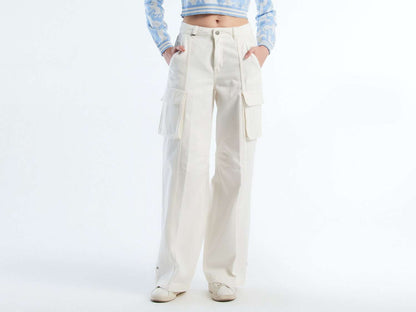 Front view of beige wide-leg cargo pants, popular for a casual style in Kuwait.