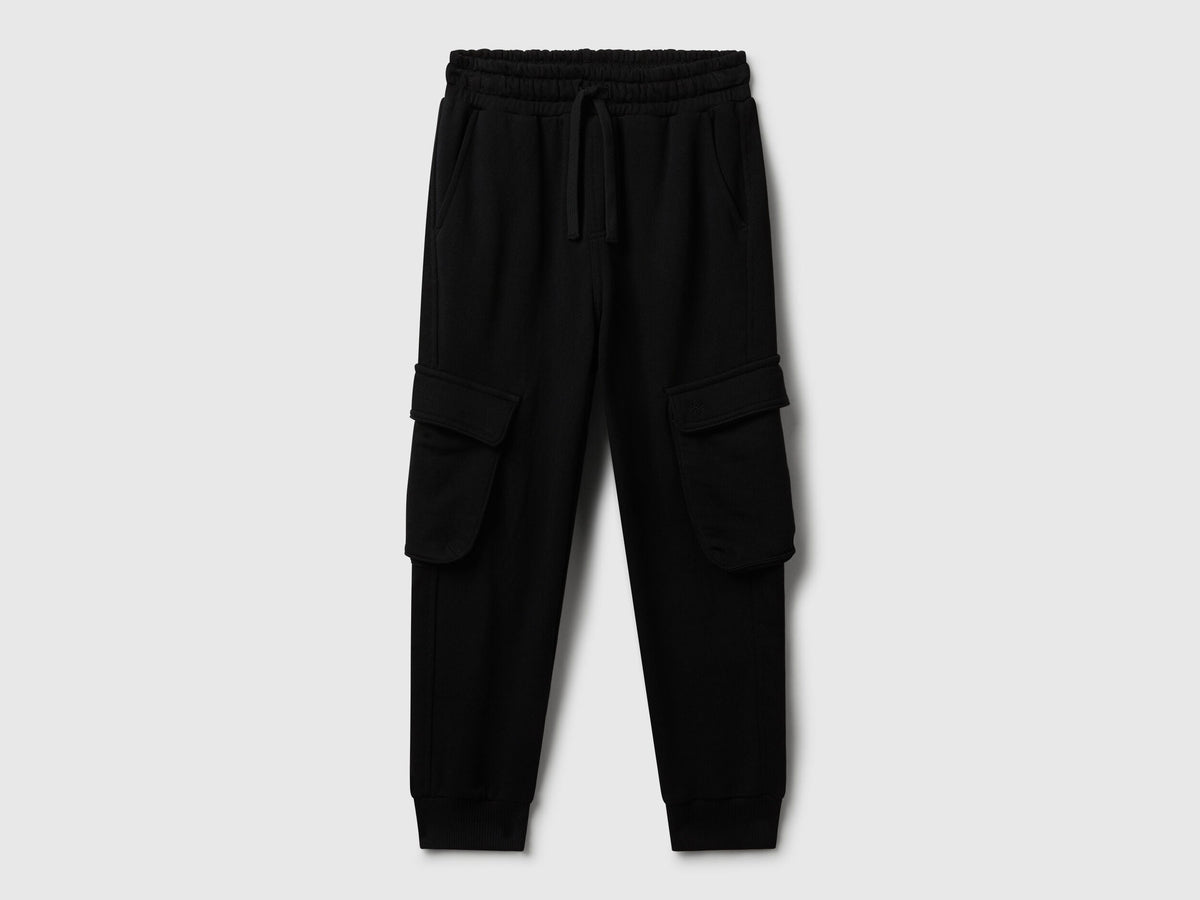 Benetton boys black cargo joggers front view with flap pockets