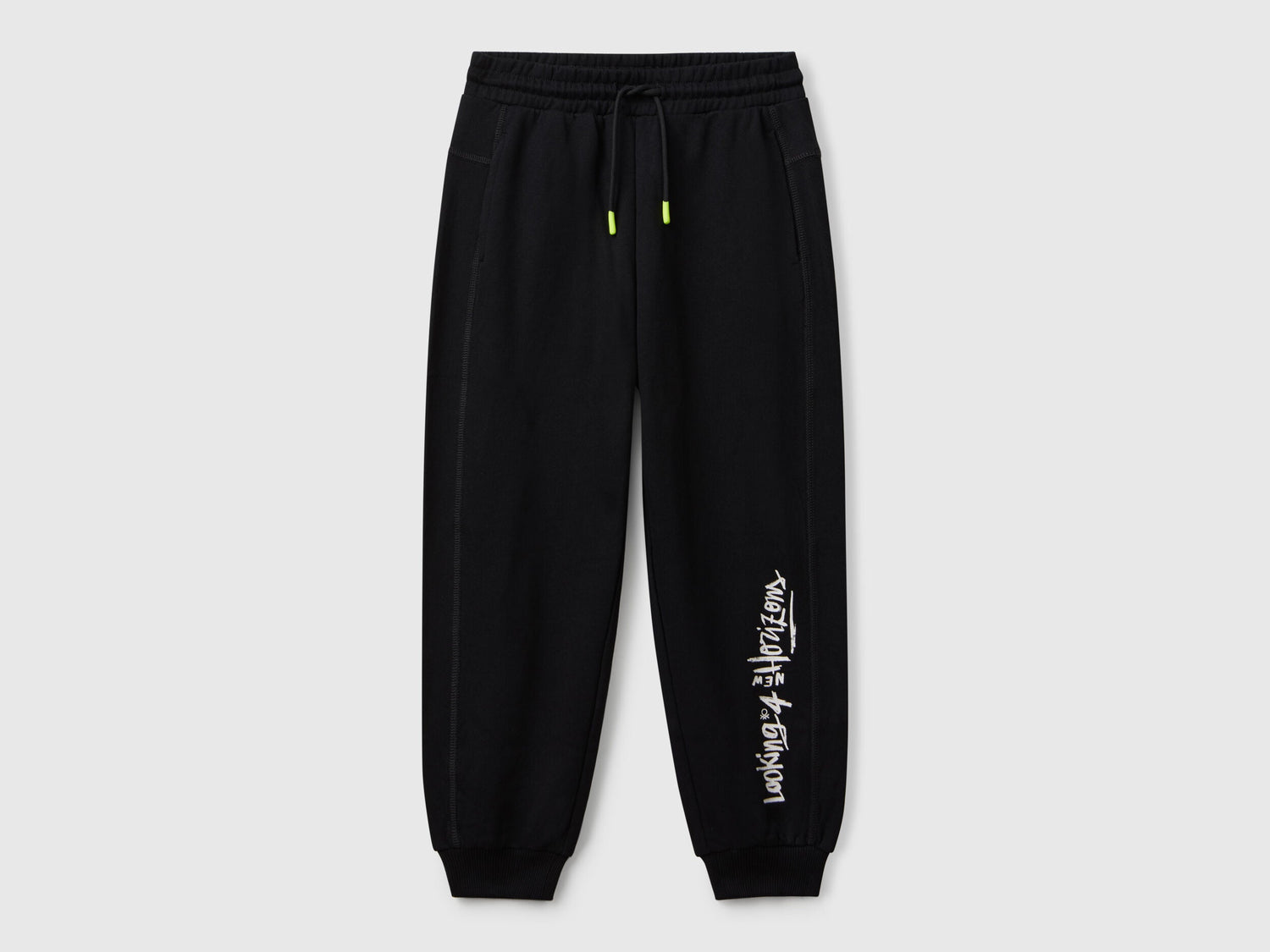 Benetton boys black graffiti print sweatpants front view with street style design