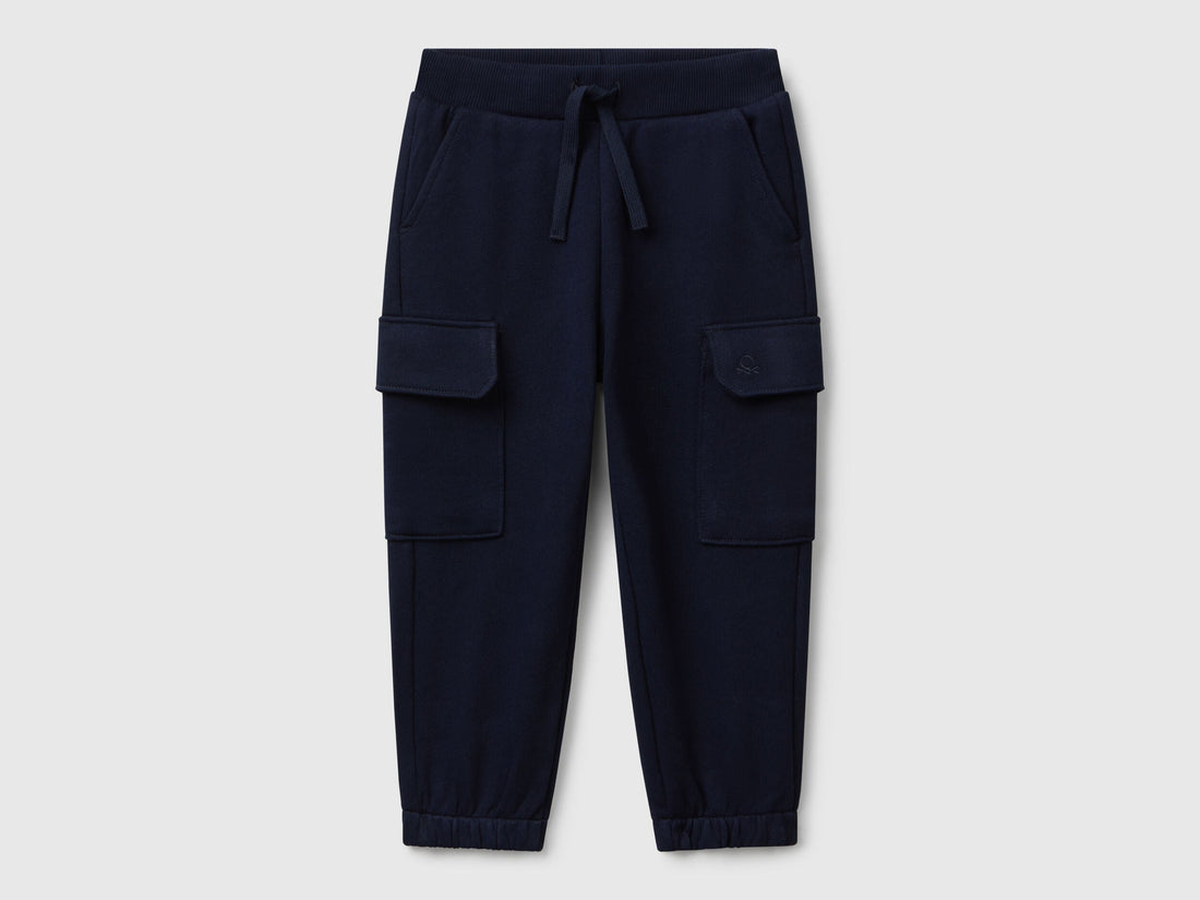 Benetton boys blue cargo joggers front view with flap pockets