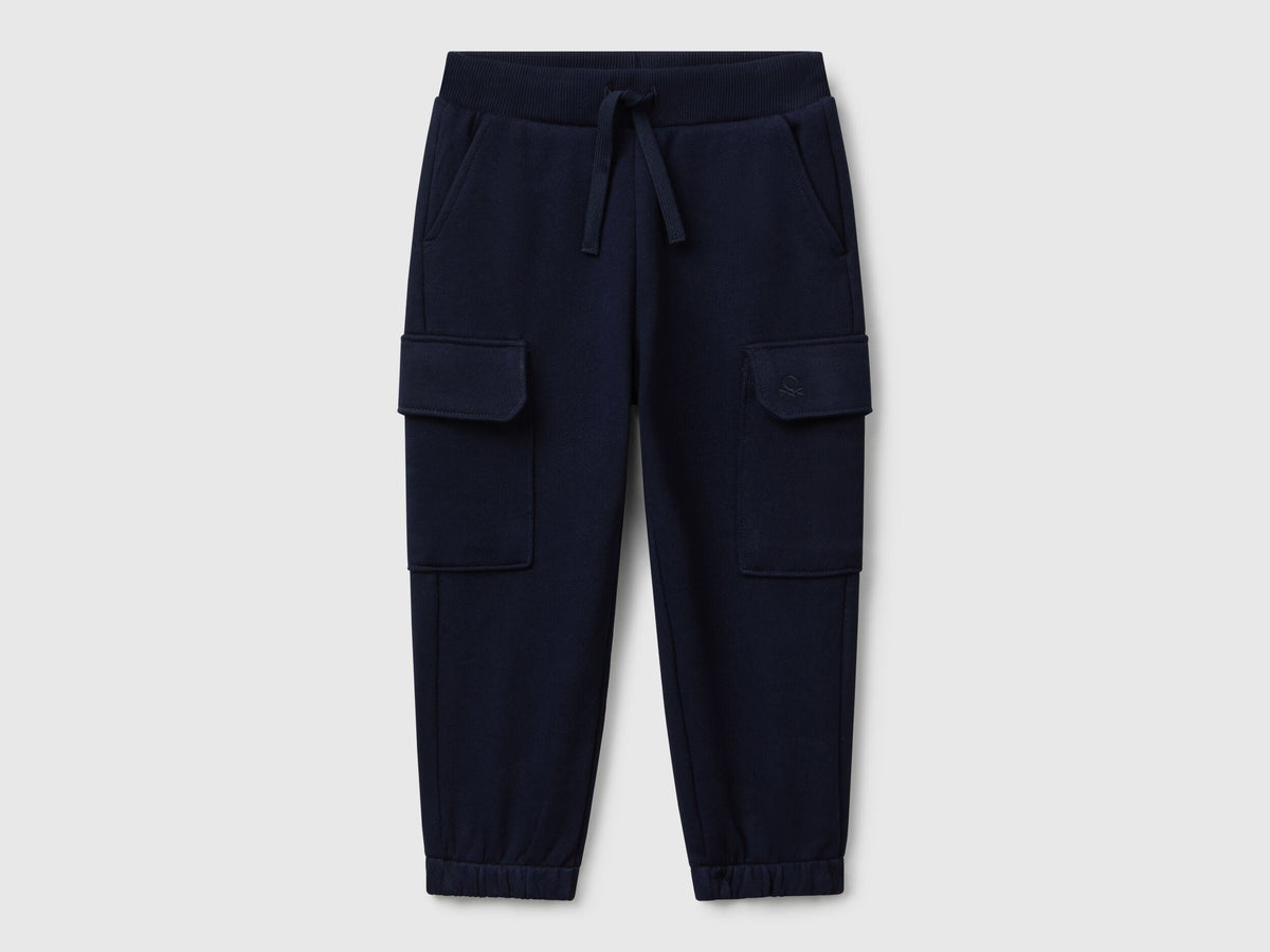 Benetton boys blue cargo joggers front view with flap pockets