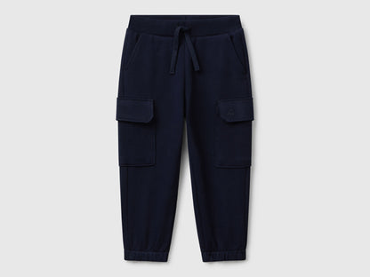 Benetton boys blue cargo joggers front view with flap pockets