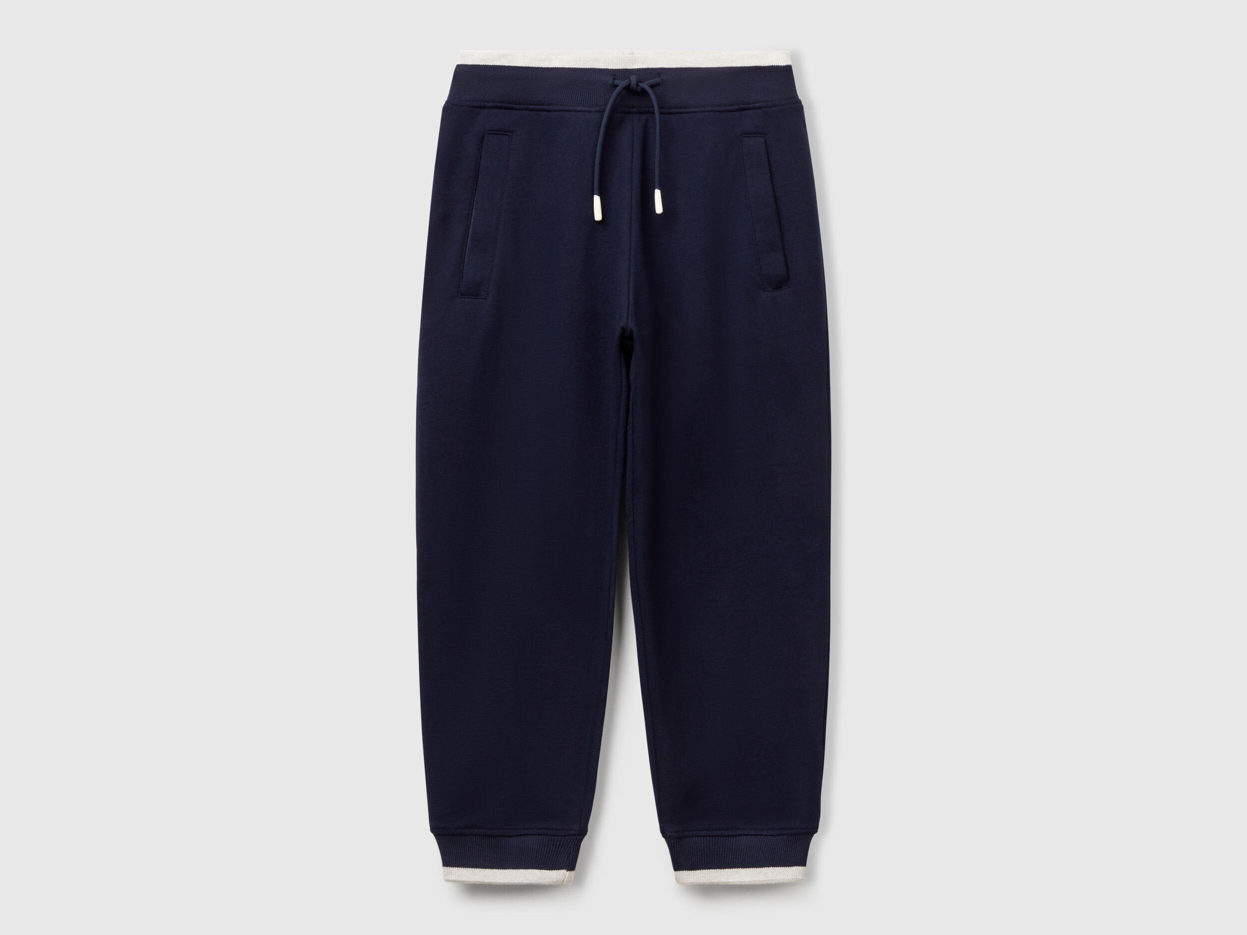 Benetton boys blue lightweight sweatpants front view with drawstring waist