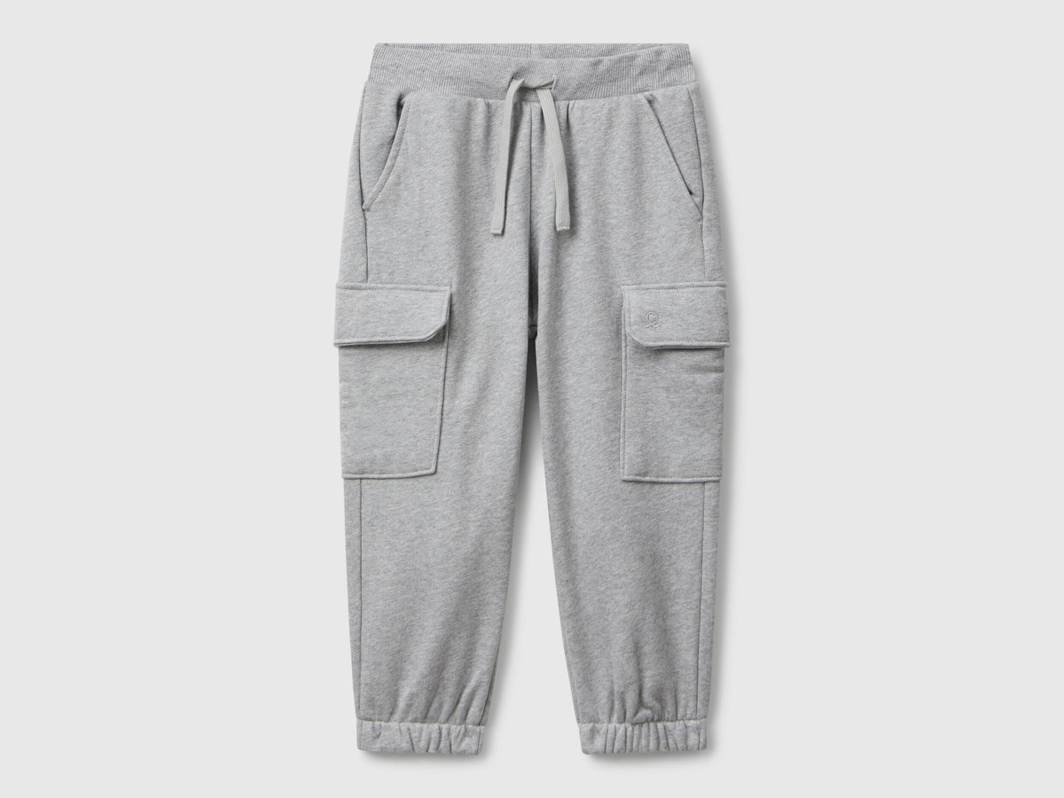 Benetton boys grey cargo joggers front view with flap pockets