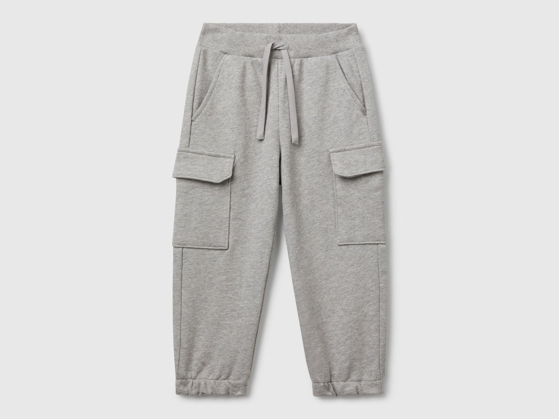 Benetton boys grey cargo sweatpants front view with cargo pockets