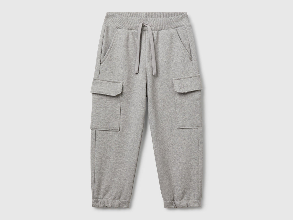 Benetton boys grey cargo sweatpants front view with cargo pockets