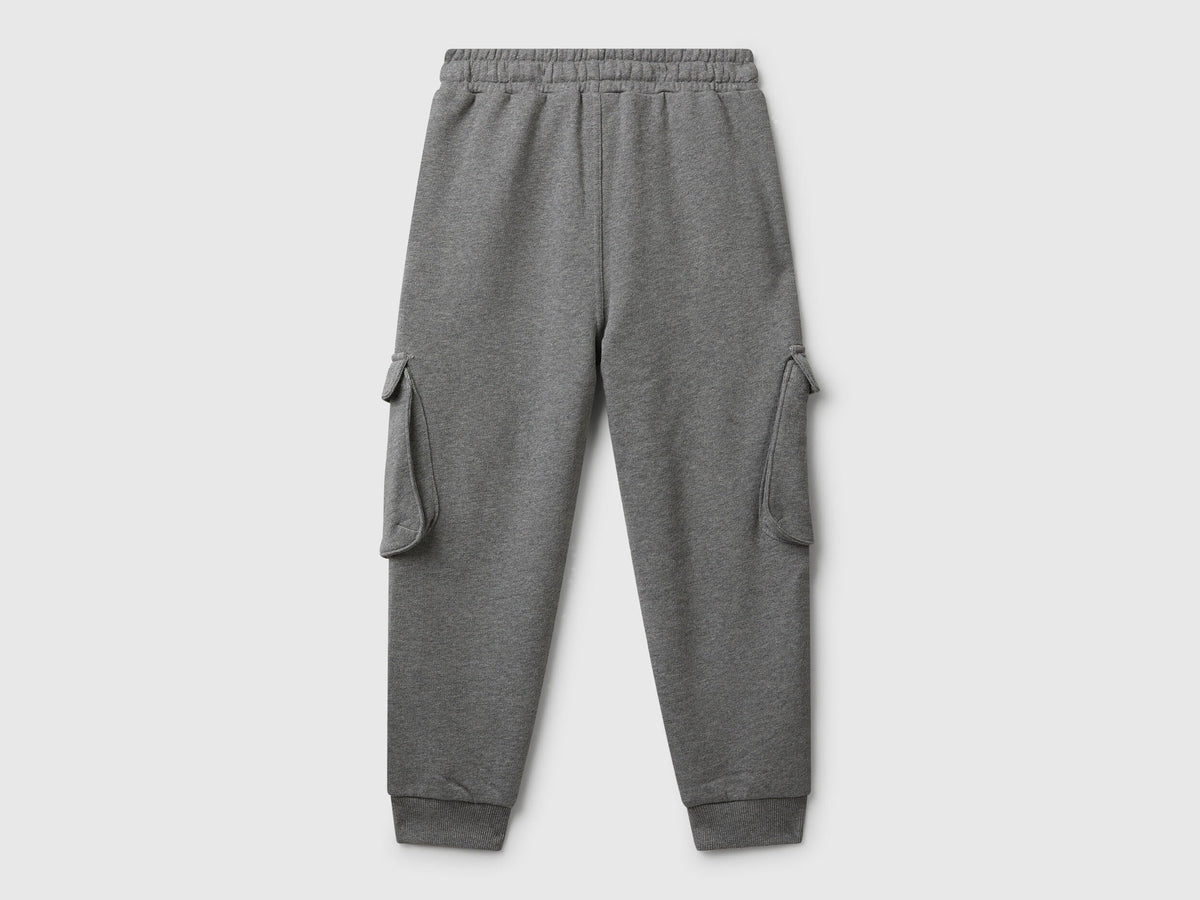 Side view of Benetton boys cargo joggers in grey cotton