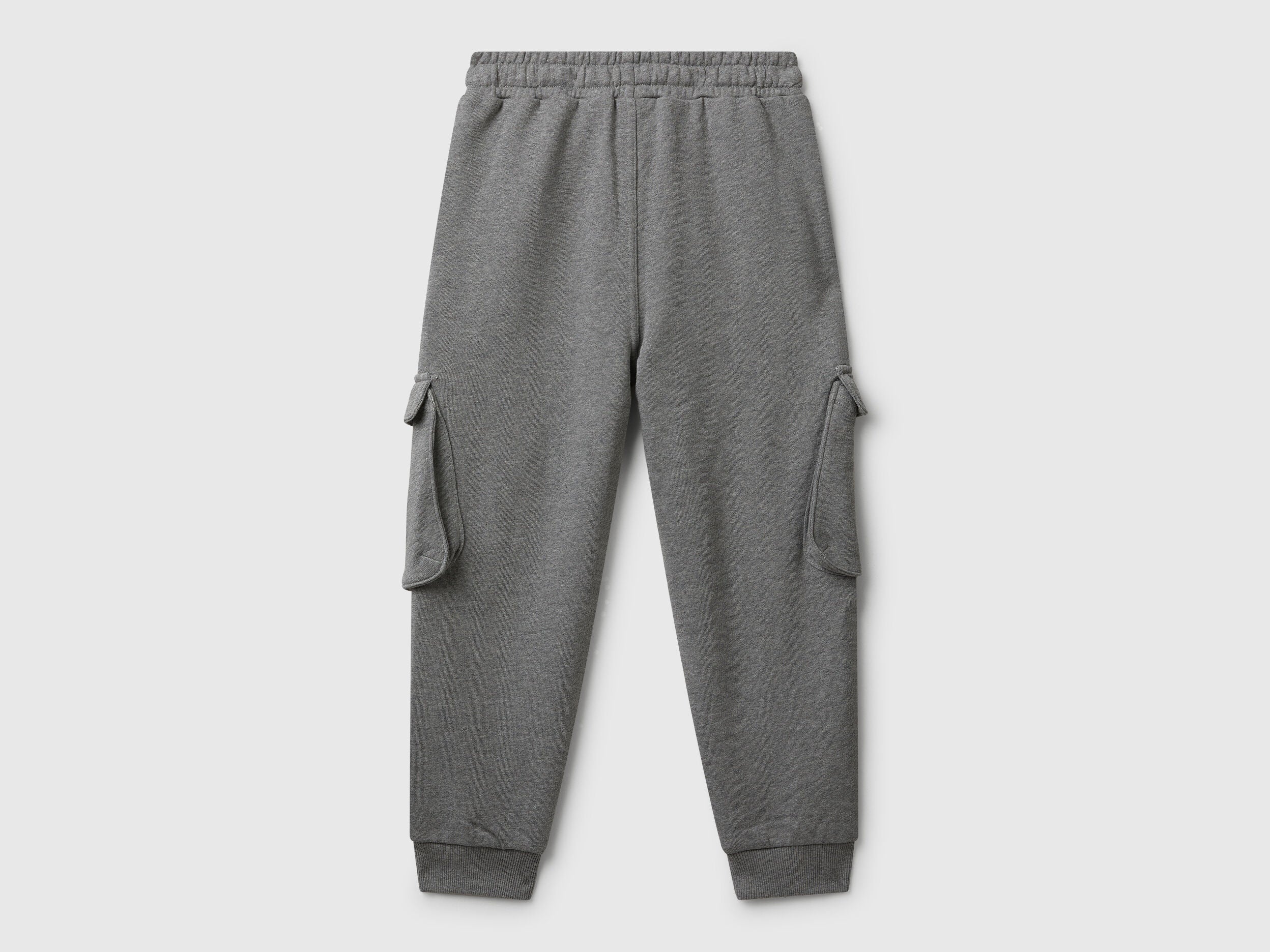 Side view of Benetton boys cargo joggers in grey cotton