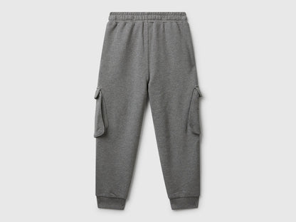 Side view of Benetton boys cargo joggers in grey cotton