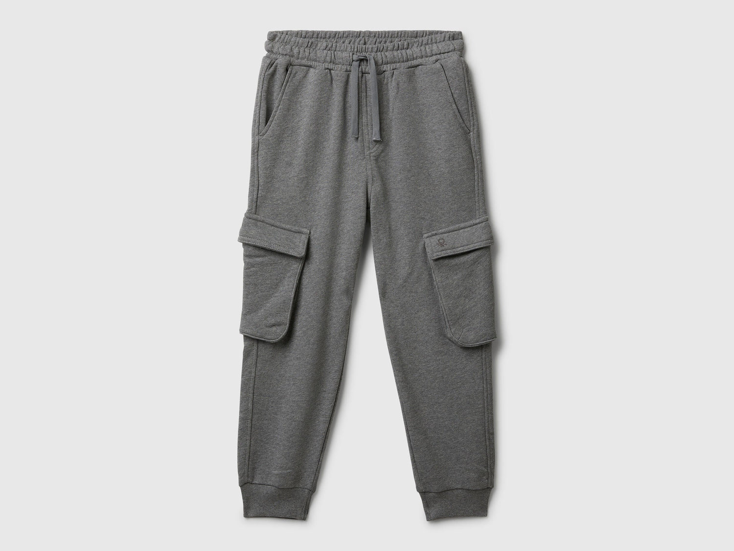 Benetton grey sweat fabric cargo joggers front view with pockets