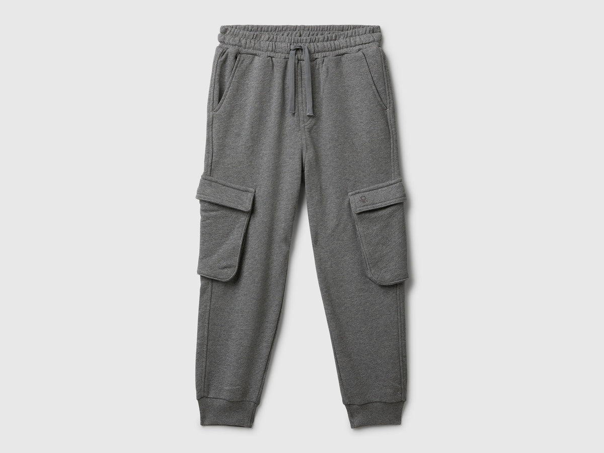 Benetton grey sweat fabric cargo joggers front view with pockets