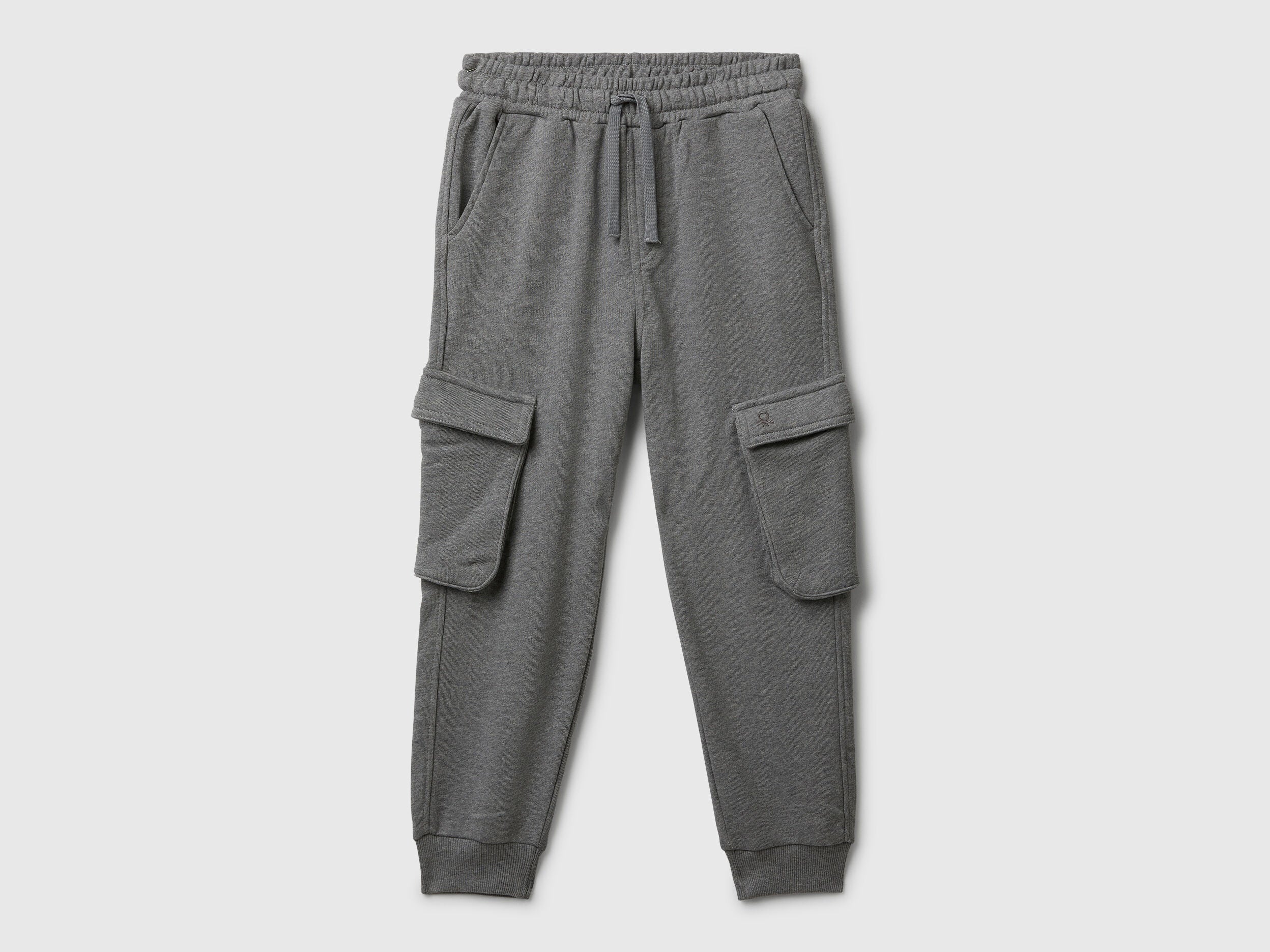 Benetton grey sweat fabric cargo joggers front view with pockets