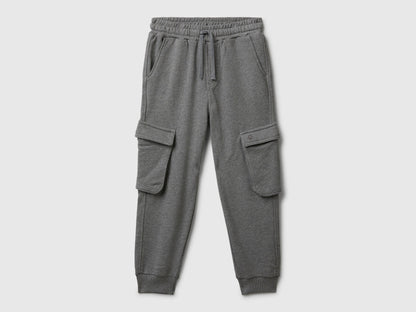 Benetton grey sweat fabric cargo joggers front view with pockets