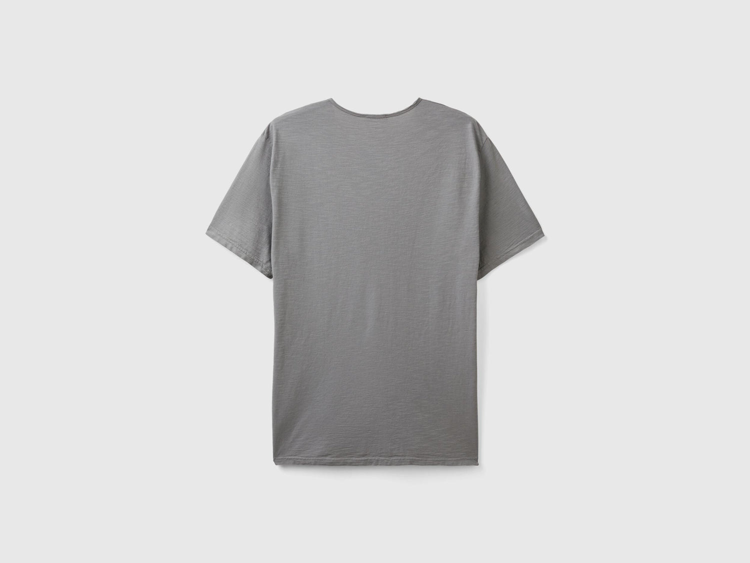 Grey Benetton V-neck T-shirt for men, made of 100% cotton, shown as a standalone product from the back.