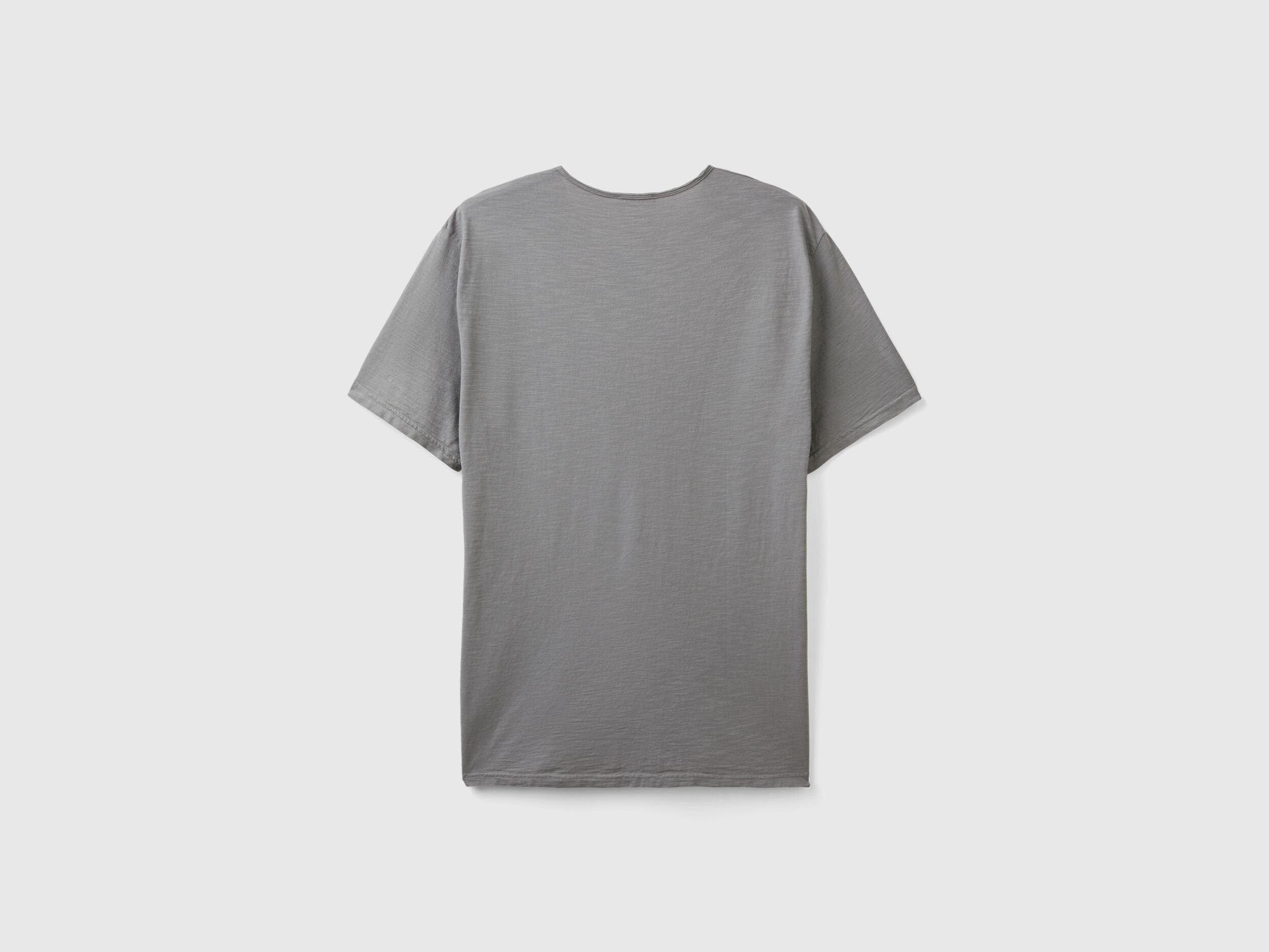 Grey Benetton V-neck T-shirt for men, made of 100% cotton, shown as a standalone product from the back.