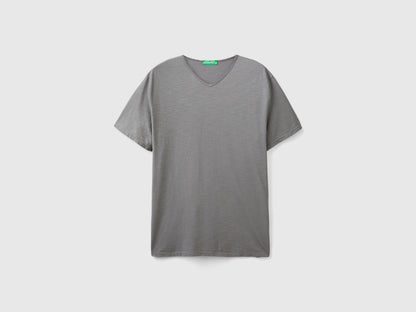 Grey Benetton V-neck T-shirt for men, made of 100% cotton, shown as a standalone product from the front.