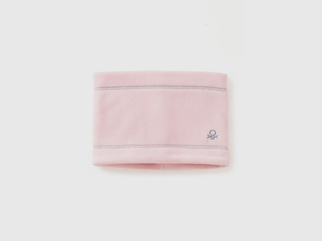 Light pink fleece neck warmer, folded flat with logo.