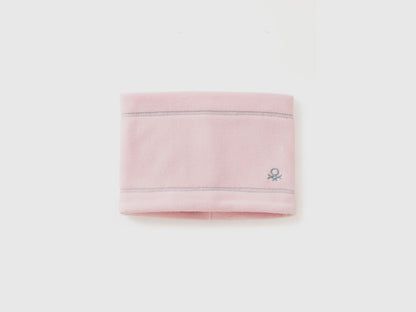 Light pink fleece neck warmer, folded flat with logo.