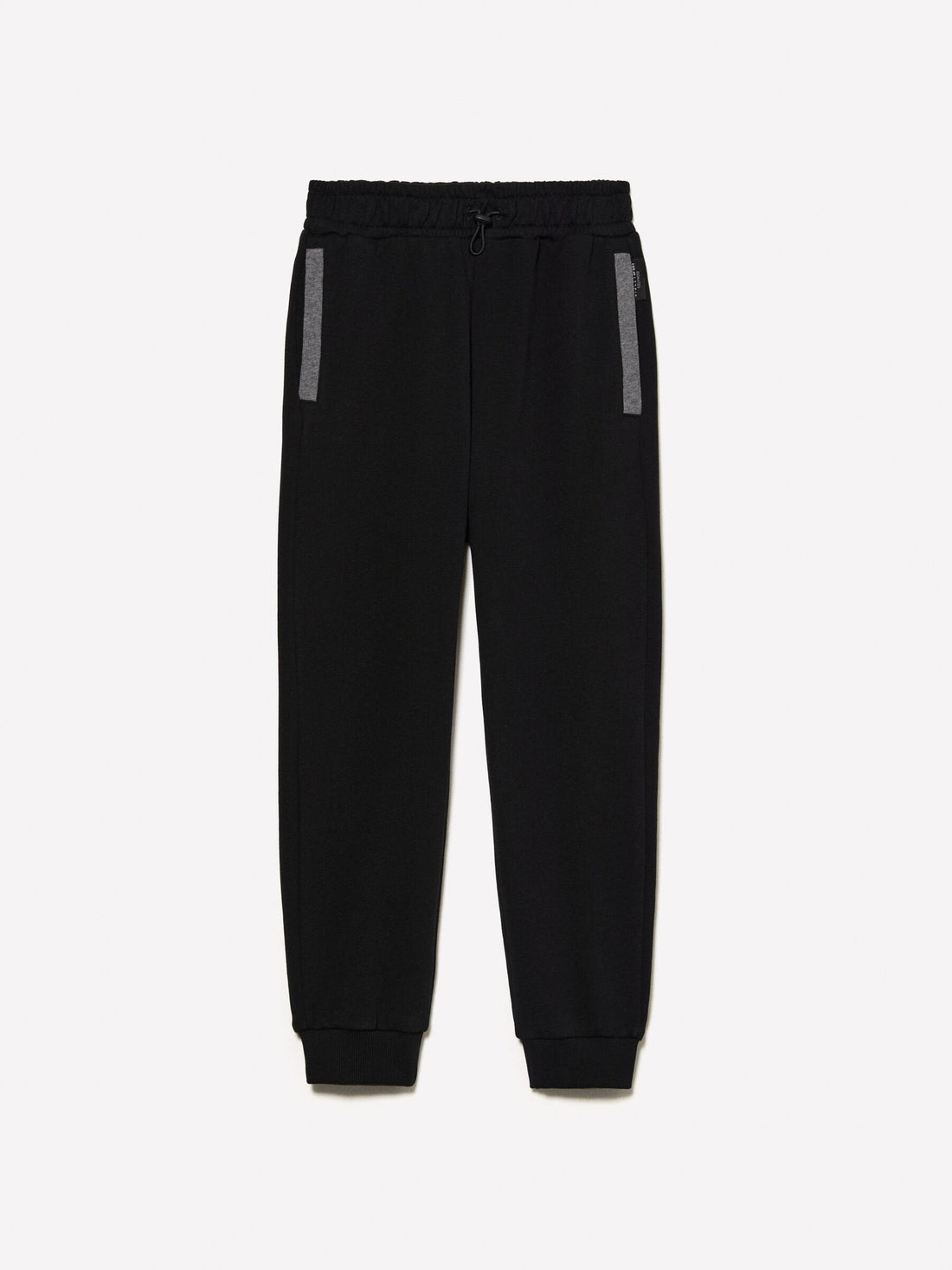 Front view of black clashing jogger sweatpants with a visible side stripe, designed for comfort and athletic style.