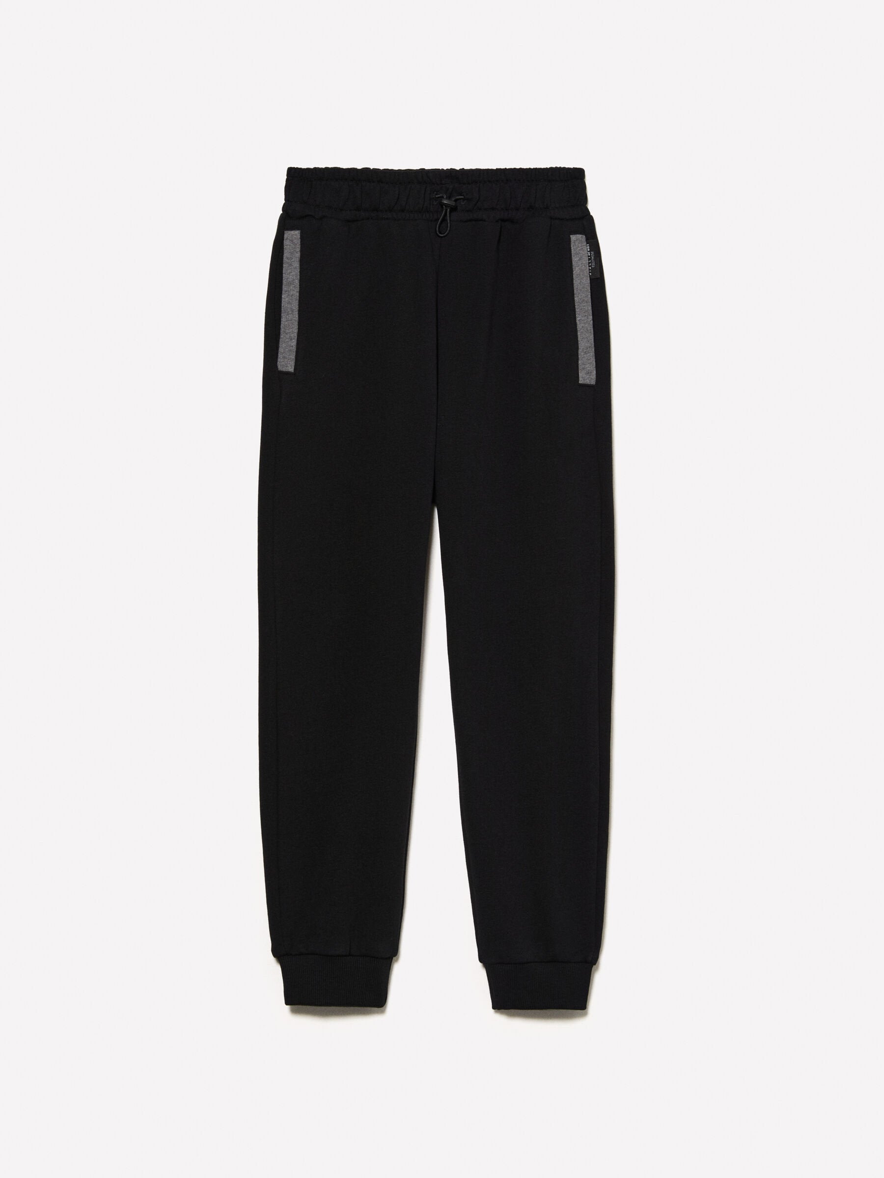 Front view of black clashing jogger sweatpants with a visible side stripe, designed for comfort and athletic style.