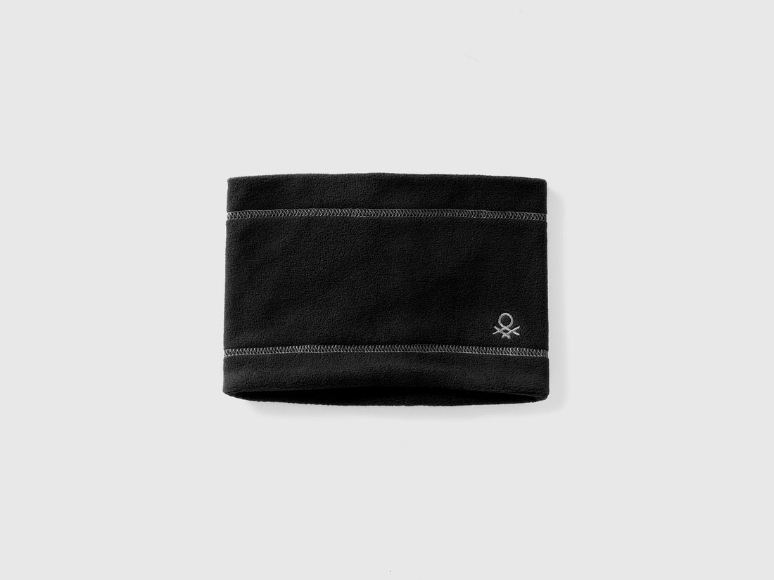 Black fleece neck warmer, folded flat with logo.
