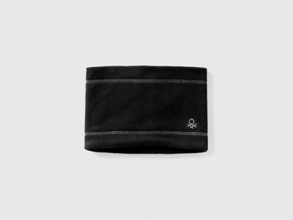 Black fleece neck warmer, folded flat with logo.