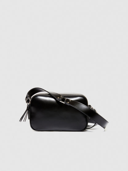 Front view of a sleek black leather camera bag or messenger bag, featuring a main zipper compartment and an adjustable strap.