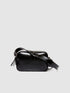 Front view of a sleek black leather camera bag or messenger bag, featuring a main zipper compartment and an adjustable strap.