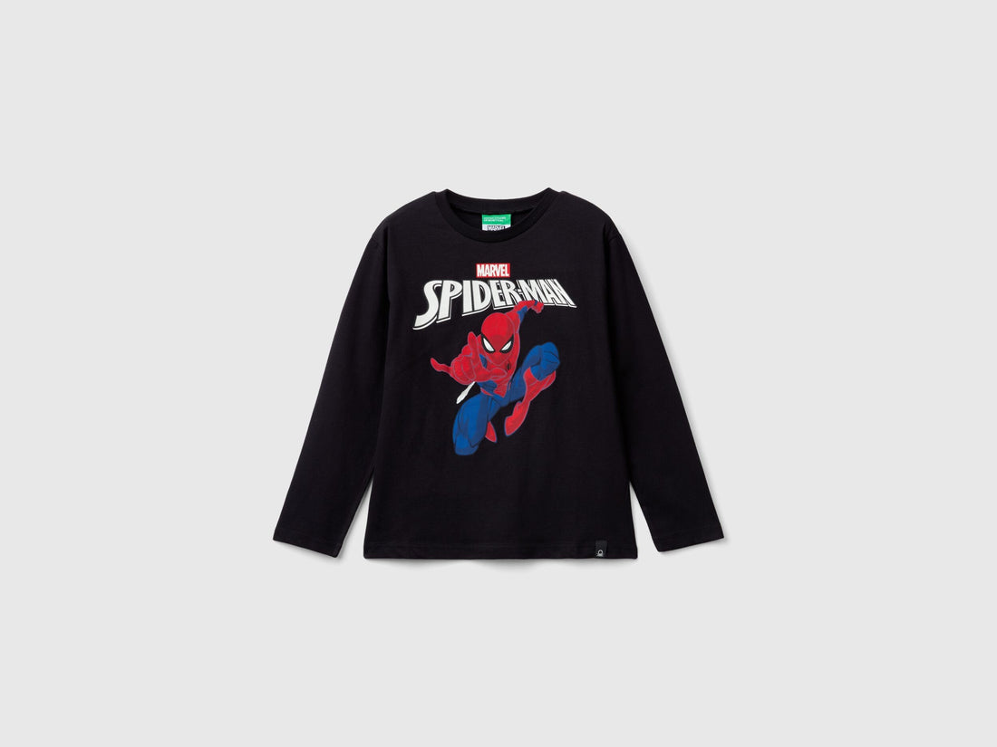 Front view: Black Marvel Spiderman long-sleeve T-shirt with large Spiderman graphic on chest.