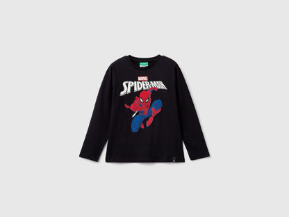 Front view: Black Marvel Spiderman long-sleeve T-shirt with large Spiderman graphic on chest.