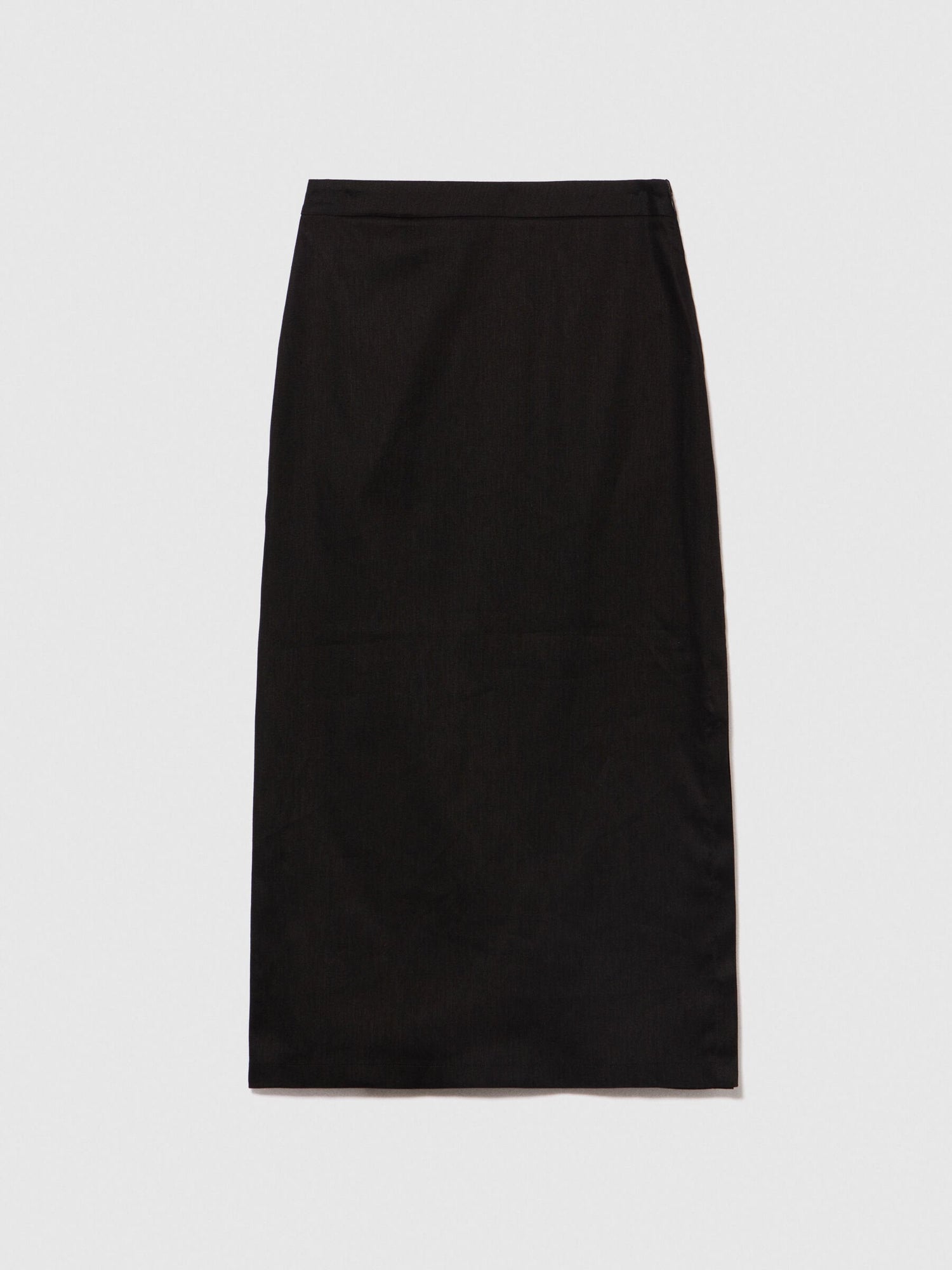 Flat lay back view of a plain black pencil skirt.