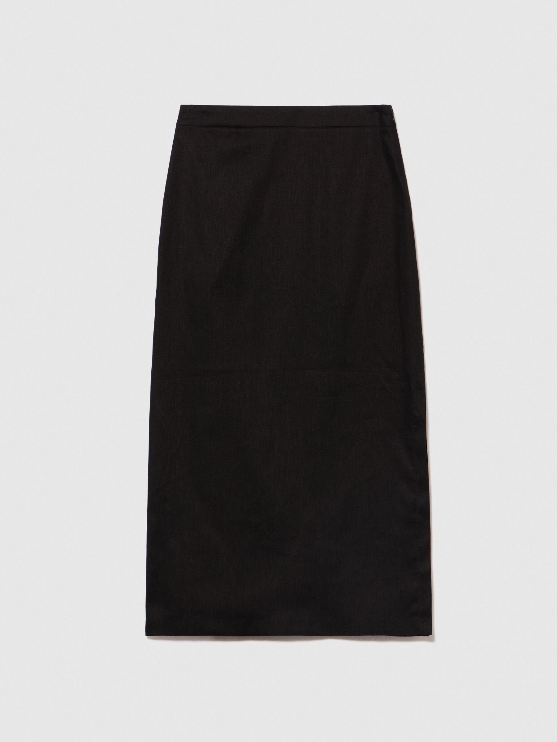 Flat lay back view of a plain black pencil skirt.