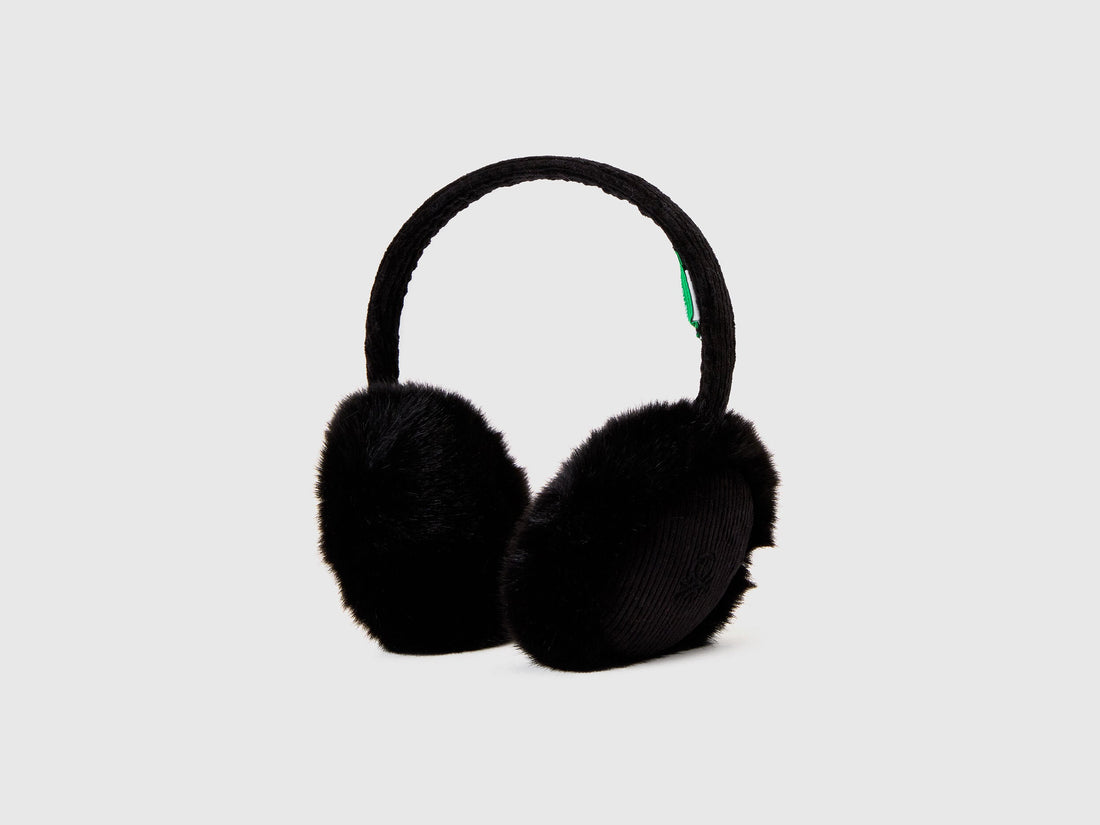 Black synthetic fur earmuffs for warmth.