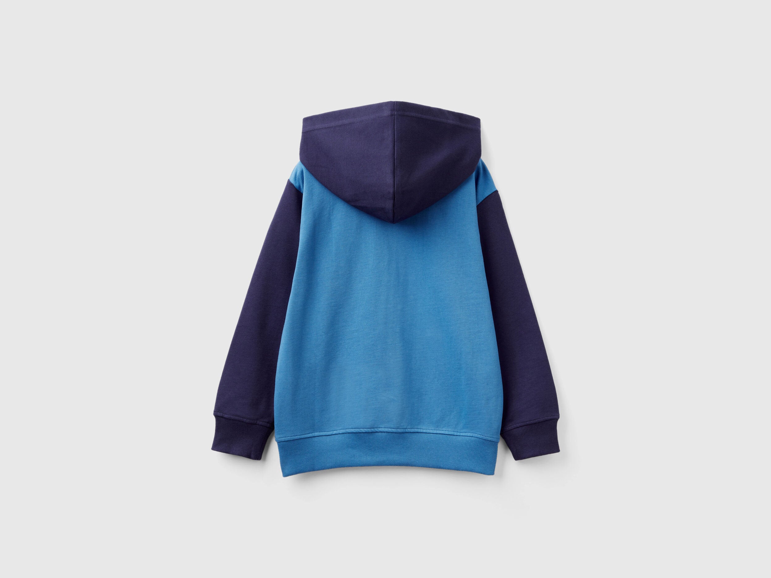 Back view of a color-block zip-up hoodie in dark blue and light blue. Soft fabric.