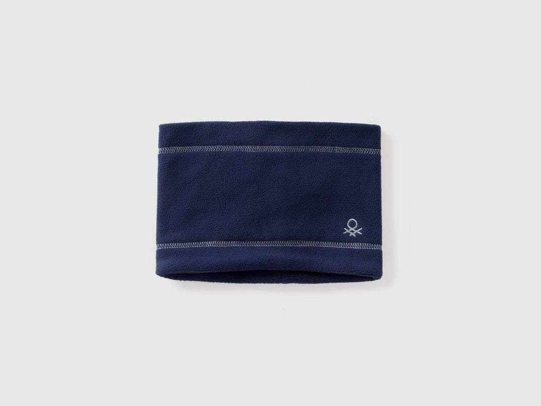 Dark blue fleece neck warmer, folded flat with logo.
