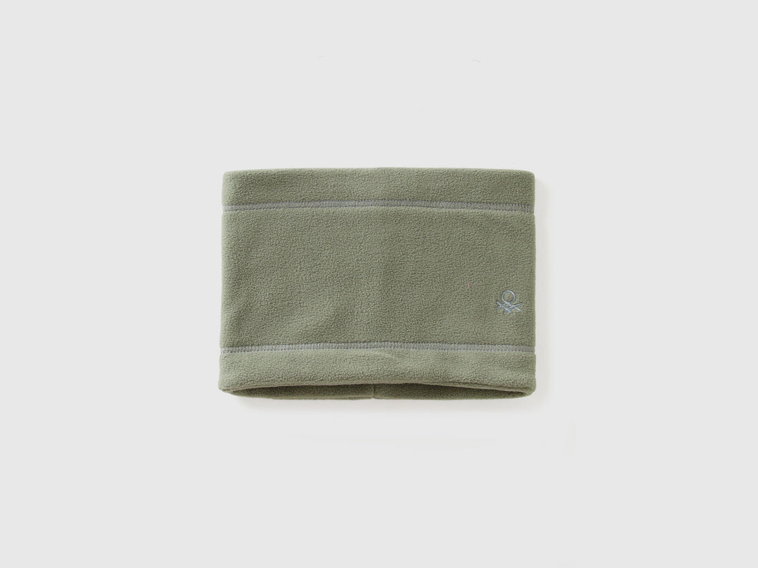 Green fleece neck warmer, folded flat, soft winter accessory.