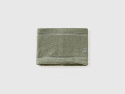 Green fleece neck warmer, folded flat, soft winter accessory.