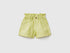 A flat lay, front view of a pair of green linen-blend shorts with a paperbag waist and a matching tie belt, a fashionable choice for the climate in Kuwait.