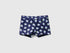 Navy blue swim trunks for kids with an all-over white and light blue strawberry pattern, ideal for beach or pool wear.