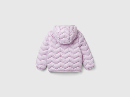 Back view of a light pink padded jacket with a hood for a girl.