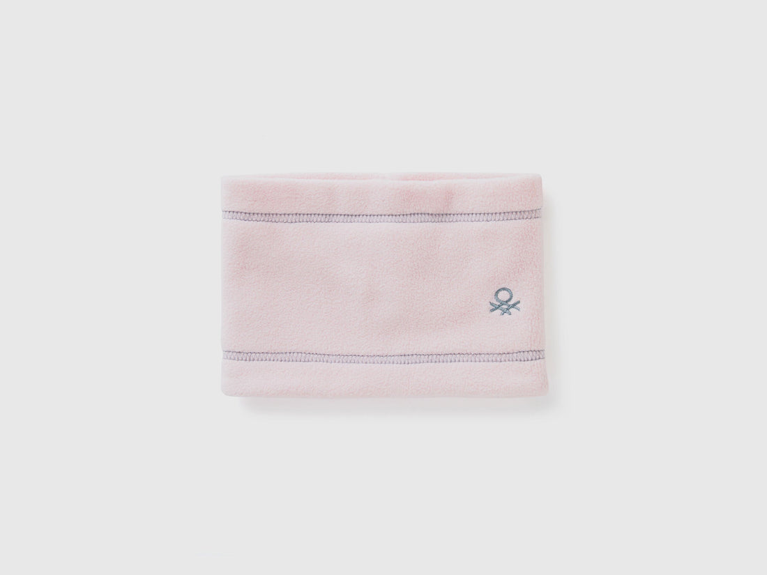 Light pink fleece neck warmer, folded flat with logo.