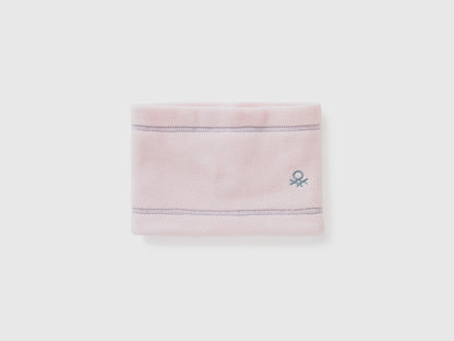 Light pink fleece neck warmer, folded flat with logo.