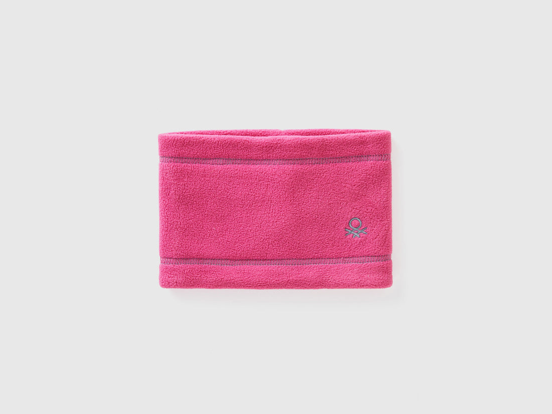 Magenta fleece neck warmer, folded flat with logo.